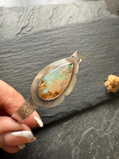 Boulder opal cuff bracelet, gemstone sterling silver boho bracelet, gift for her