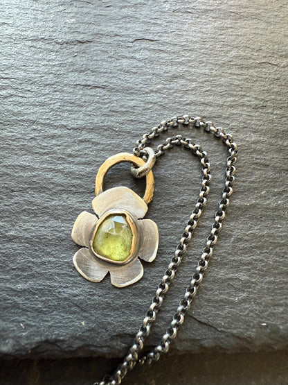 Peridot flower necklace, green gemstone bezel set jewellery, sterling silver mixed metal necklace