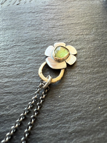 Peridot flower necklace, green gemstone bezel set jewellery, sterling silver mixed metal necklace