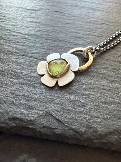 Peridot flower necklace, green gemstone bezel set jewellery, sterling silver mixed metal necklace