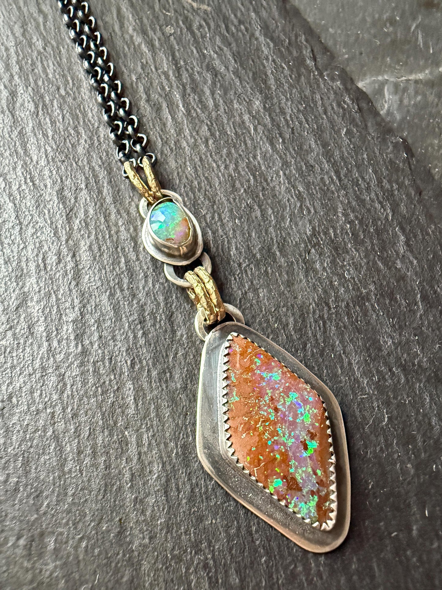 Double boulder opal necklace with gold and silver, bohemian green and blue colourful stone jewellery