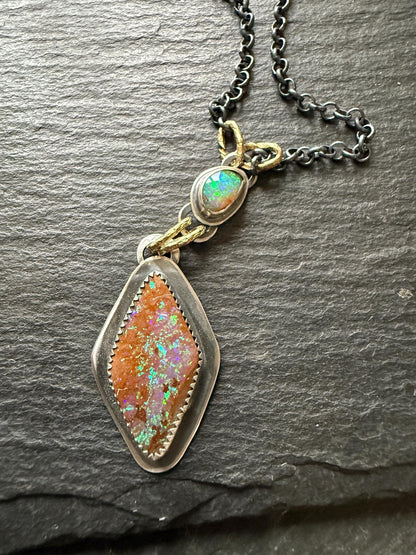 Double boulder opal necklace with gold and silver, bohemian green and blue colourful stone jewellery