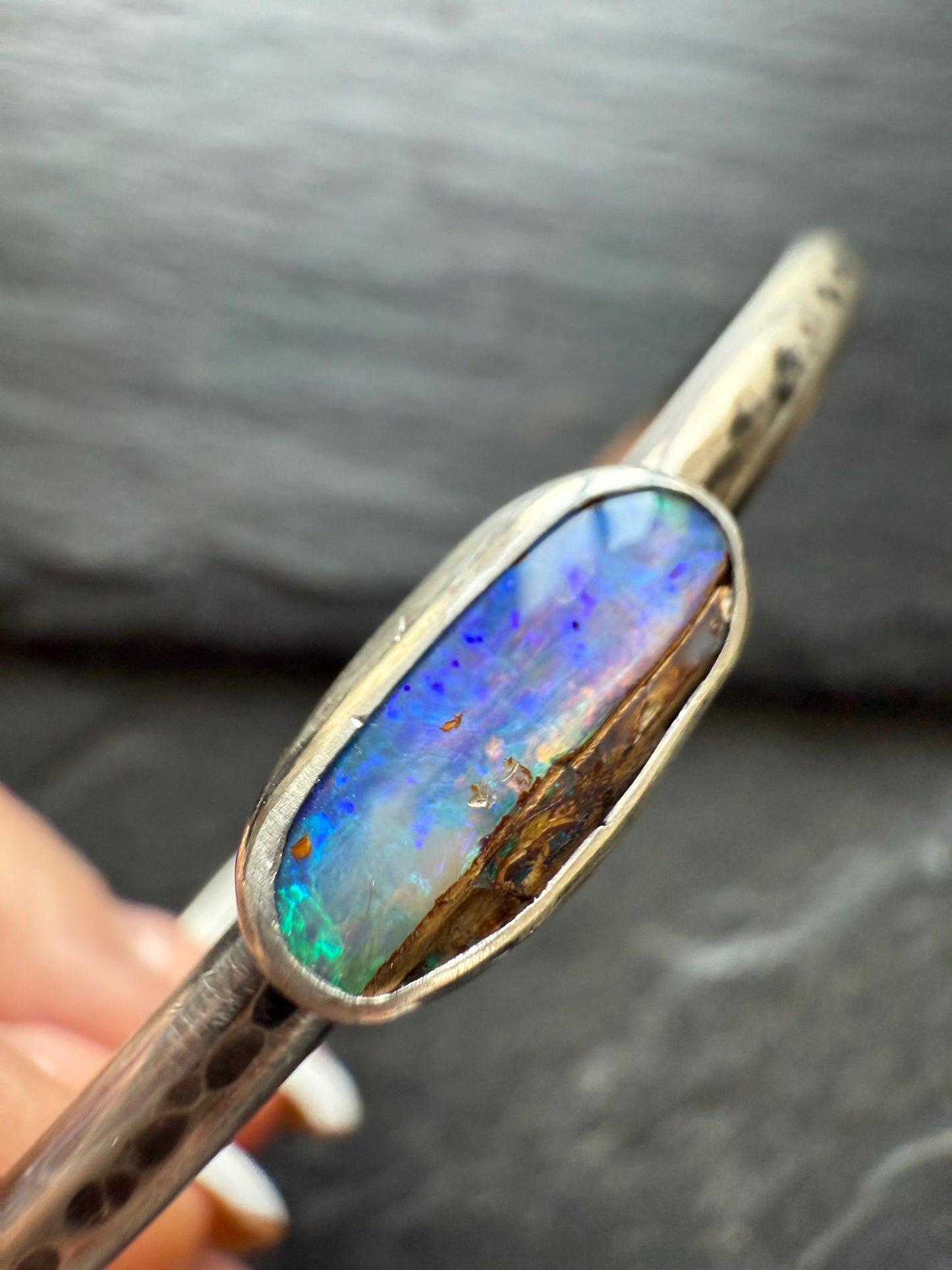 Boulder opal cuff, 925 silver and 14k Gold Fill bangle, bezel set charm stacking bracelet