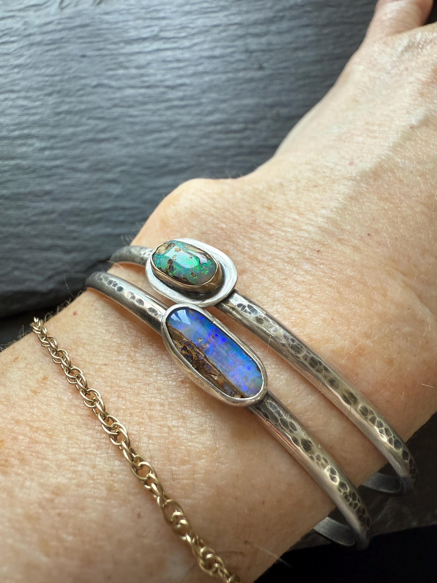 Boulder opal cuff, 925 silver and 14k Gold Fill bangle, bezel set charm stacking bracelet