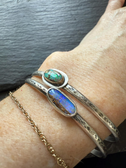 Boulder opal cuff, 925 silver and 14k Gold Fill bangle, bezel set charm stacking bracelet