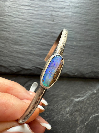 Boulder opal cuff, 925 silver and 14k Gold Fill bangle, bezel set charm stacking bracelet