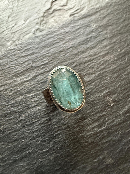 Kyanite ring, blue sparkly stone which sits atop a sterling silver hammered band, gift for her