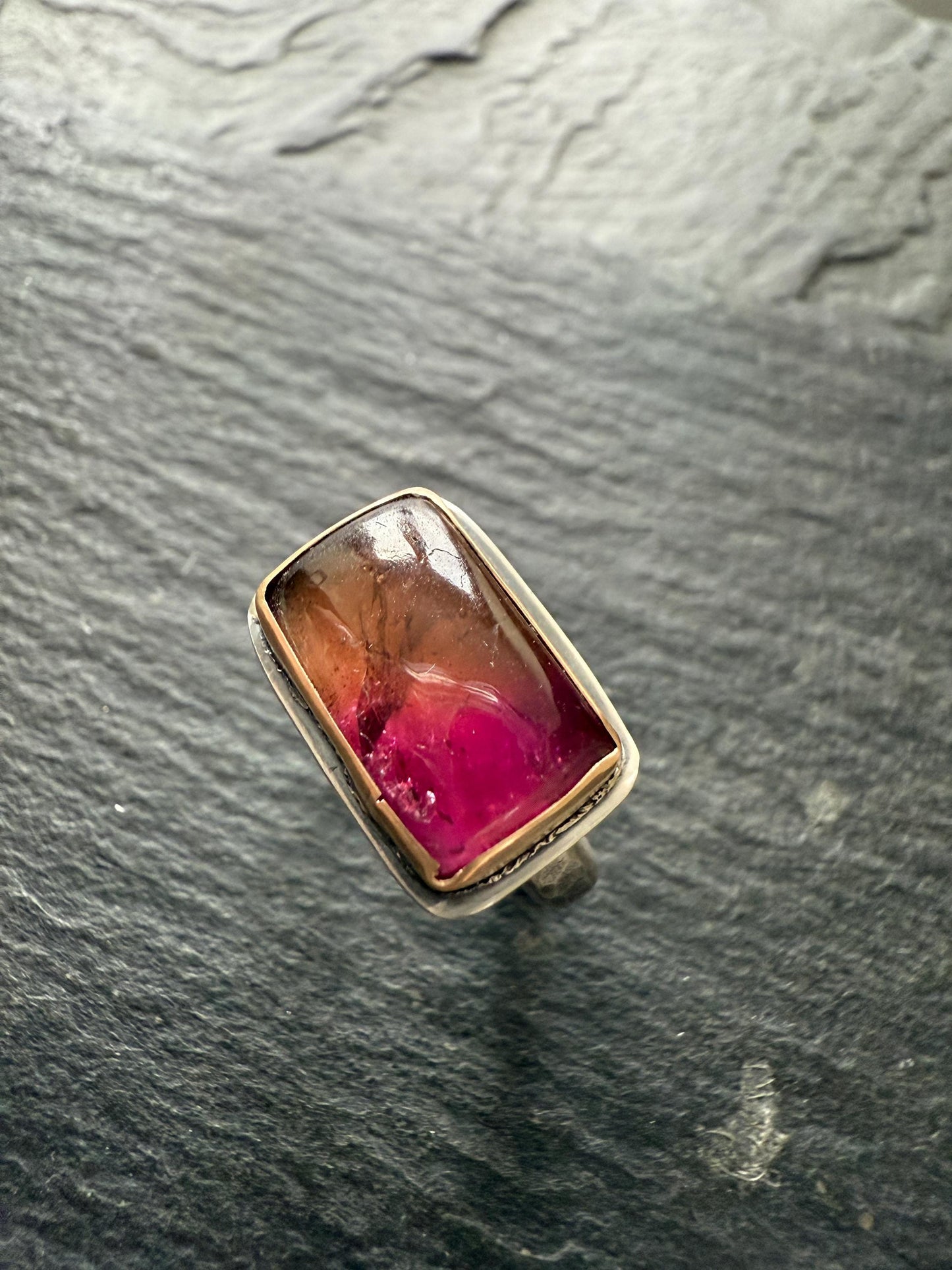 Watermelon Tourmaline ring which is bezel set in sterling silver and sits atop a hammered and textured band, gift for her