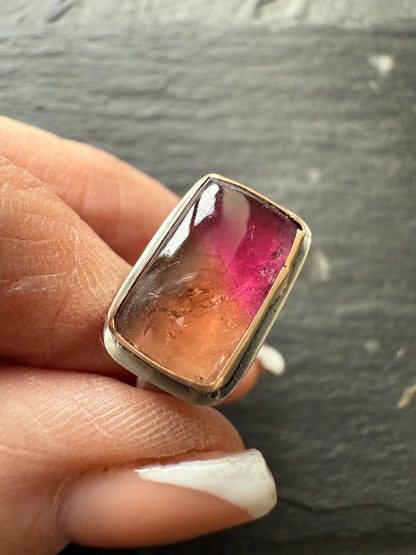 Watermelon Tourmaline ring which is bezel set in sterling silver and sits atop a hammered and textured band, gift for her