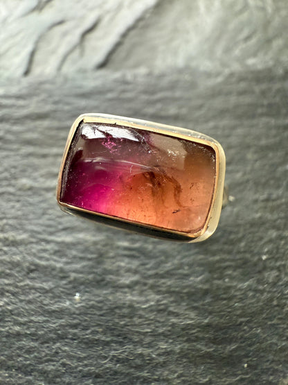 Watermelon Tourmaline ring which is bezel set in sterling silver and sits atop a hammered and textured band, gift for her