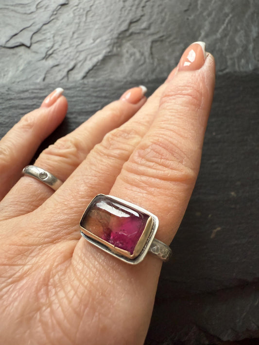 Watermelon Tourmaline ring which is bezel set in sterling silver and sits atop a hammered and textured band, gift for her