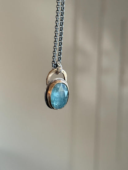 Aqua kyanite necklace, green gemstone bezel set jewellery, sterling silver mixed metal necklace