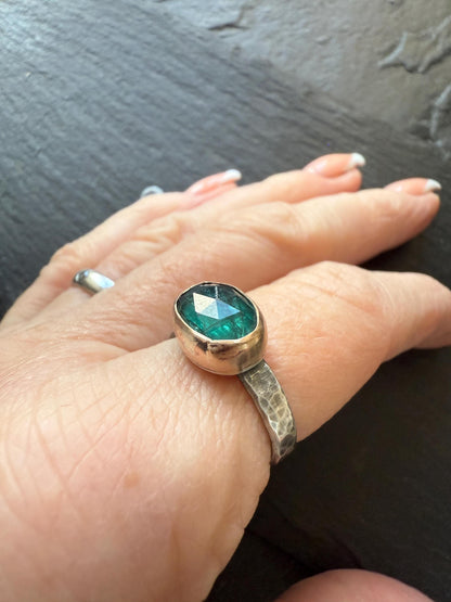 Emerald kyanite ring, M 1/2 US 6 1/2 faceted green gemstone gold and silver Jewellery, gift for her