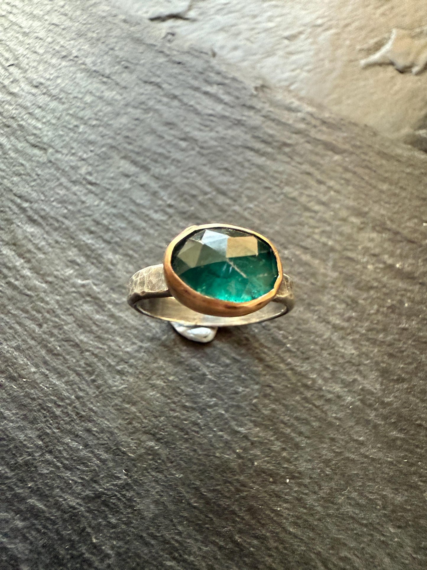 Emerald kyanite ring, M 1/2 US 6 1/2 faceted green gemstone gold and silver Jewellery, gift for her