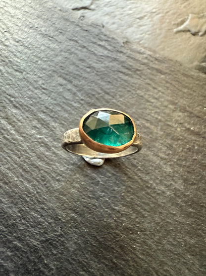 Emerald kyanite ring, M 1/2 US 6 1/2 faceted green gemstone gold and silver Jewellery, gift for her