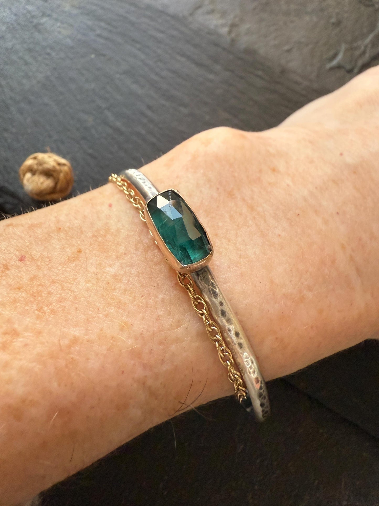 Emerald kyanite cuff bangle, faceted green gemstone gold and silver Jewellery, gift for her