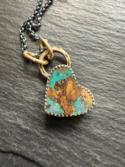 Heart boulder opal necklace, green opal and sterling silver bezel set gemstone jewellery, mixed metal necklace