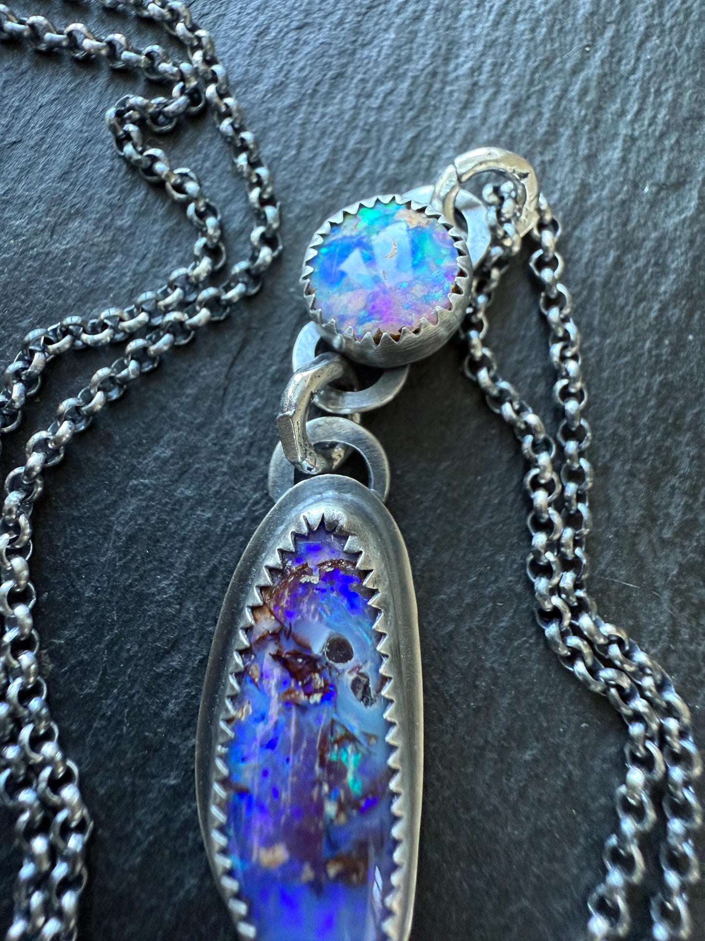 Double boulder opal necklace, purple and cornflour blue colourful opal stone necklace