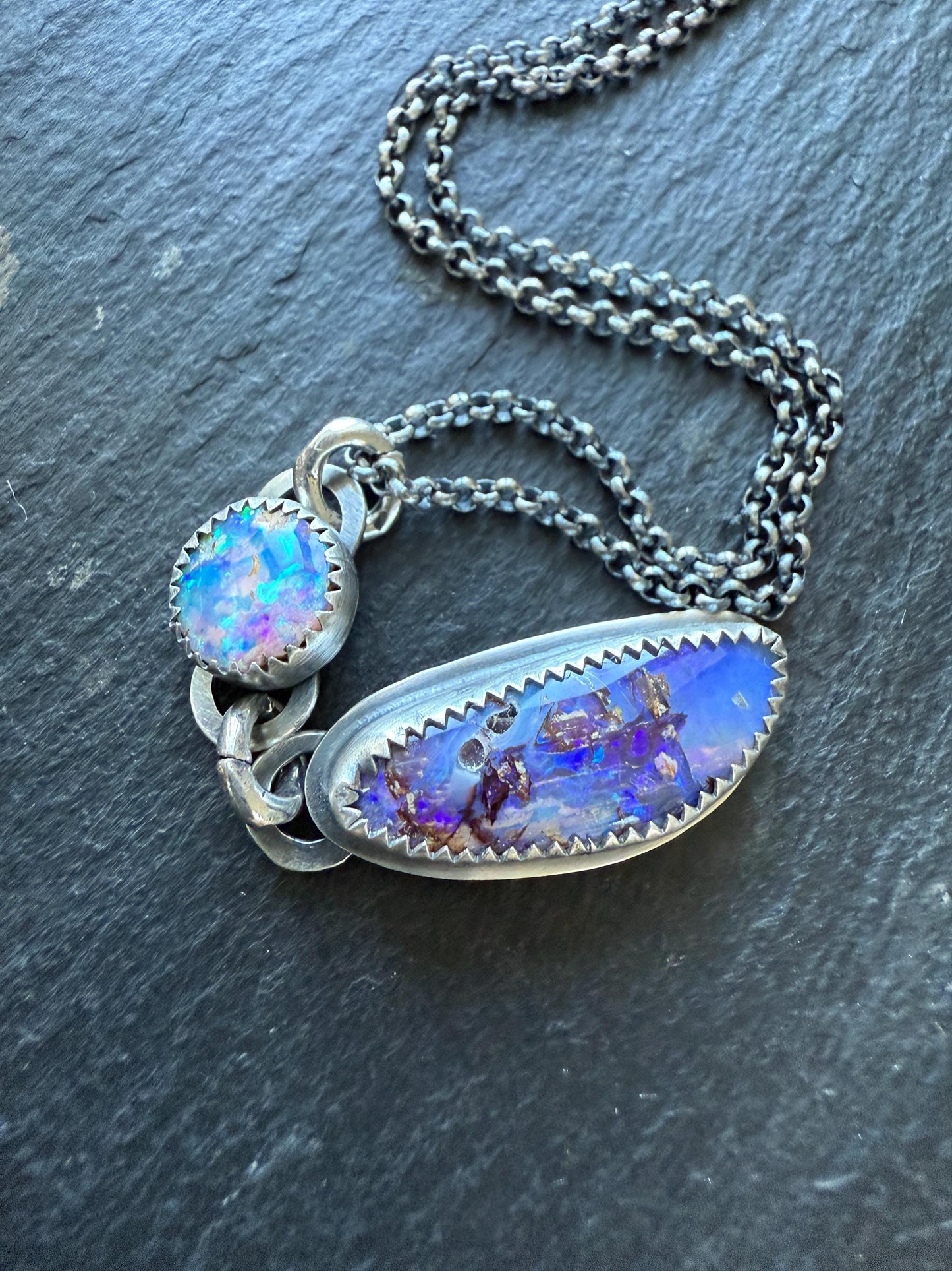 Double boulder opal necklace, purple and cornflour blue colourful opal stone necklace