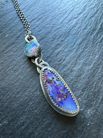 Double boulder opal necklace, purple and cornflour blue colourful opal stone necklace