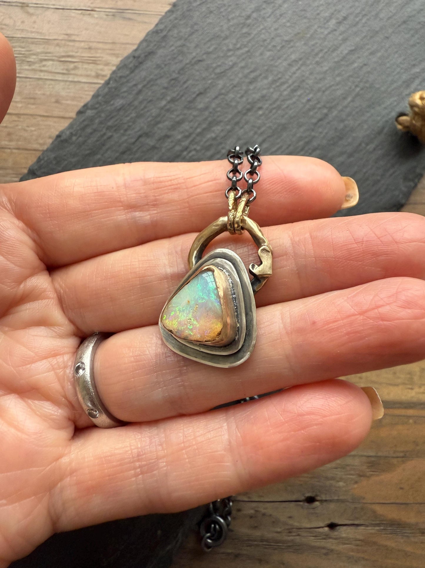 Beautiful Boulder opal necklace, 925 sterling silver bezel set gemstone jewellery, mixed metal necklace