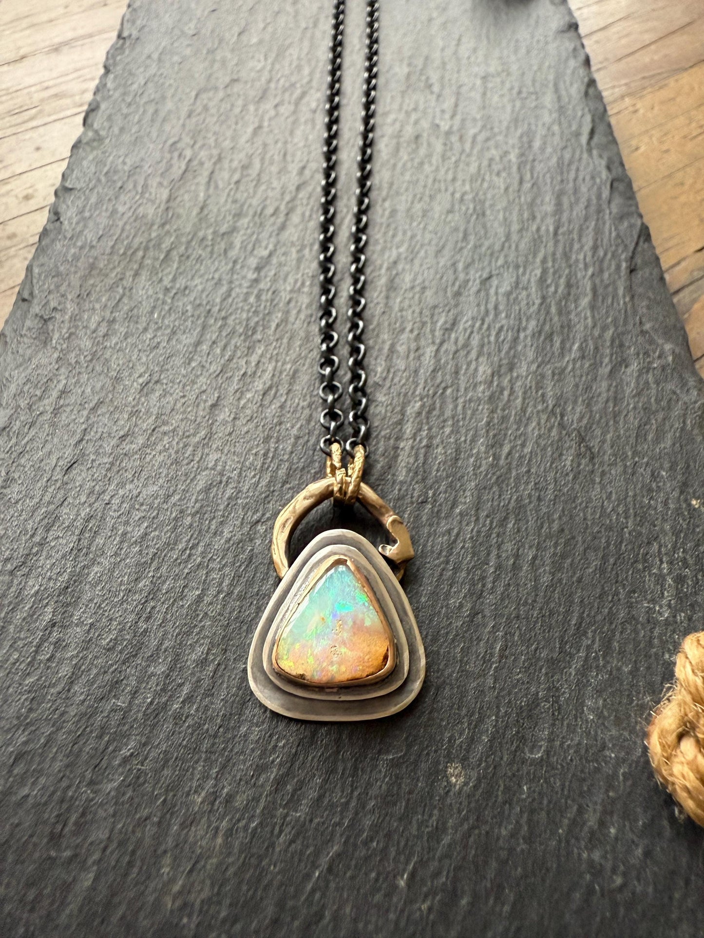 Beautiful Boulder opal necklace, 925 sterling silver bezel set gemstone jewellery, mixed metal necklace