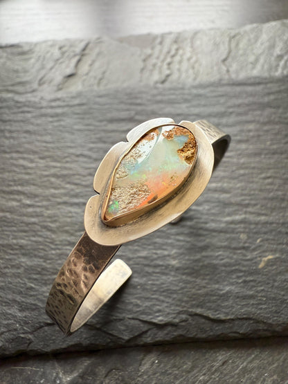 Boulder opal cuff bracelet, gemstone sterling silver boho bracelet, gift for her