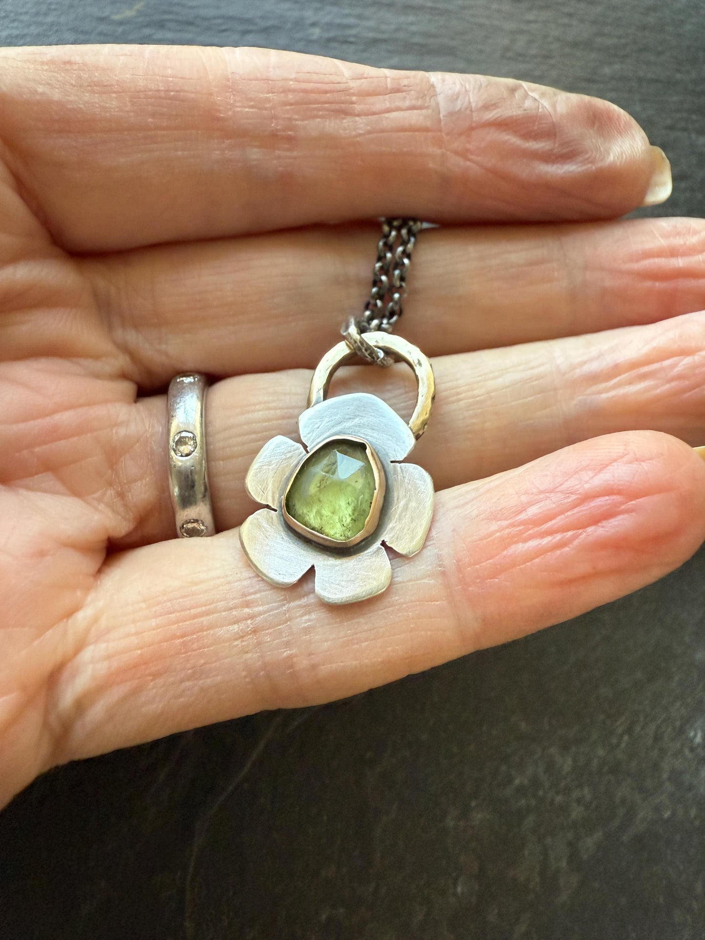 Peridot flower necklace, green gemstone bezel set jewellery, sterling silver mixed metal necklace