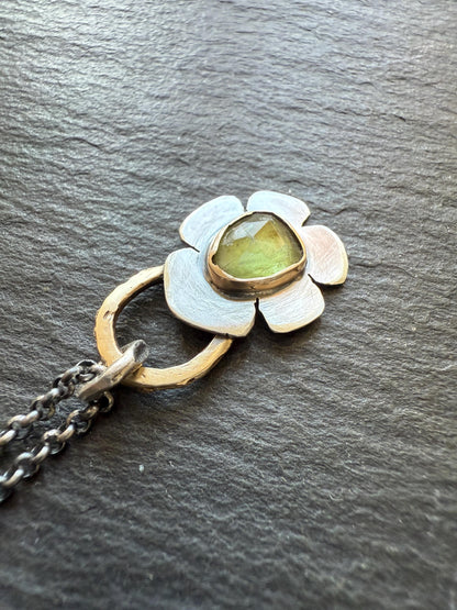 Peridot flower necklace, green gemstone bezel set jewellery, sterling silver mixed metal necklace