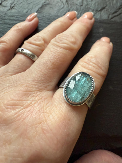 Kyanite ring, blue sparkly stone which sits atop a sterling silver hammered band, gift for her