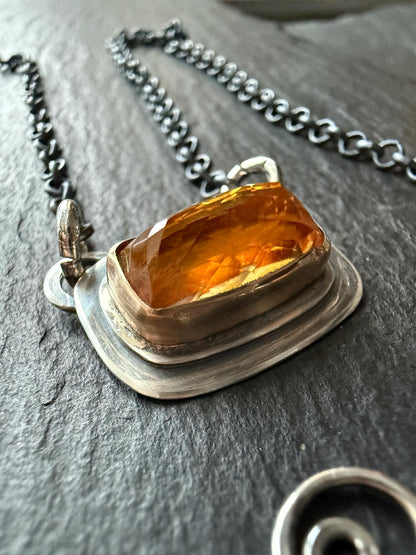 Citrine necklace, bezel set charm necklace, dark oxidised gemstone jewellery, gift for her