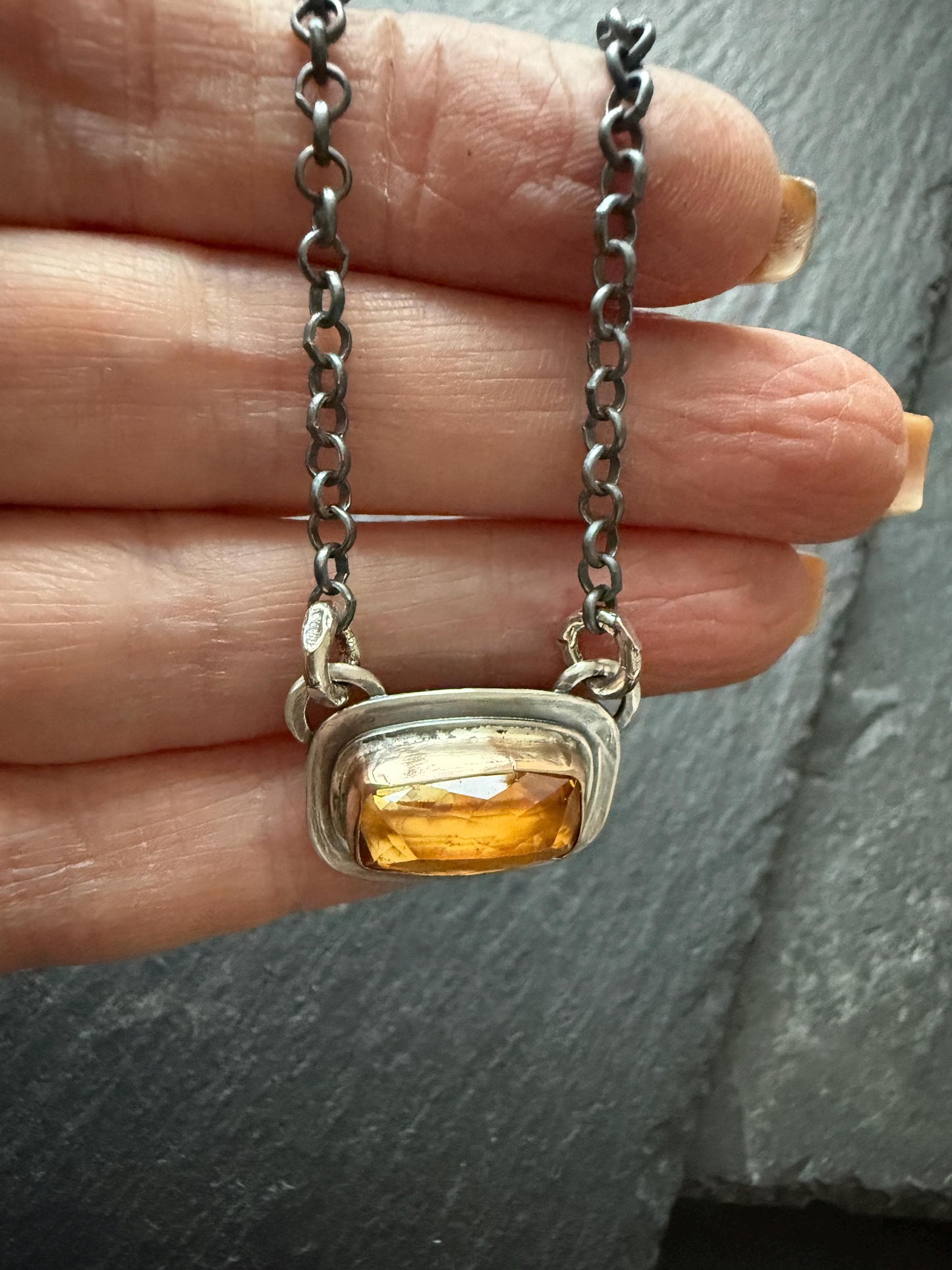 Citrine necklace, bezel set charm necklace, dark oxidised gemstone jewellery, gift for her