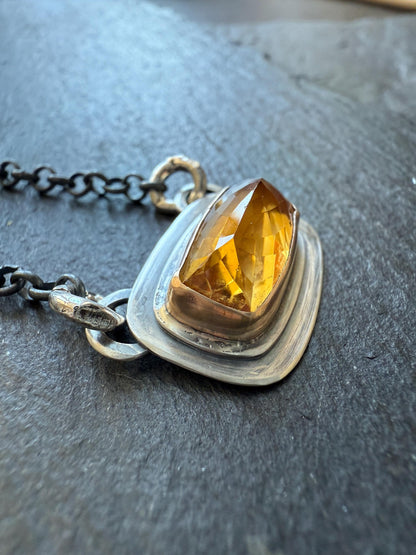 Citrine necklace, bezel set charm necklace, dark oxidised gemstone jewellery, gift for her