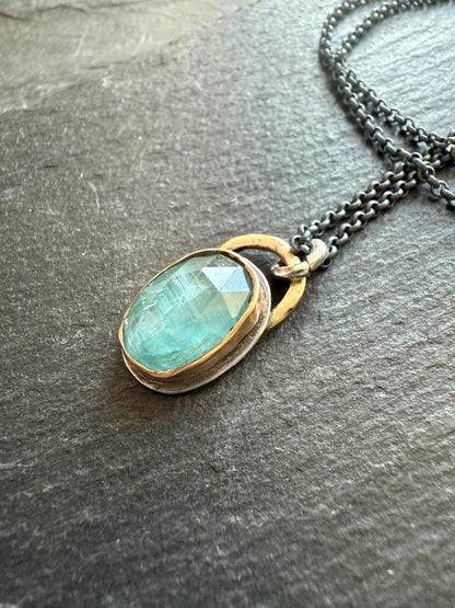 Aqua kyanite necklace, green gemstone bezel set jewellery, sterling silver mixed metal necklace