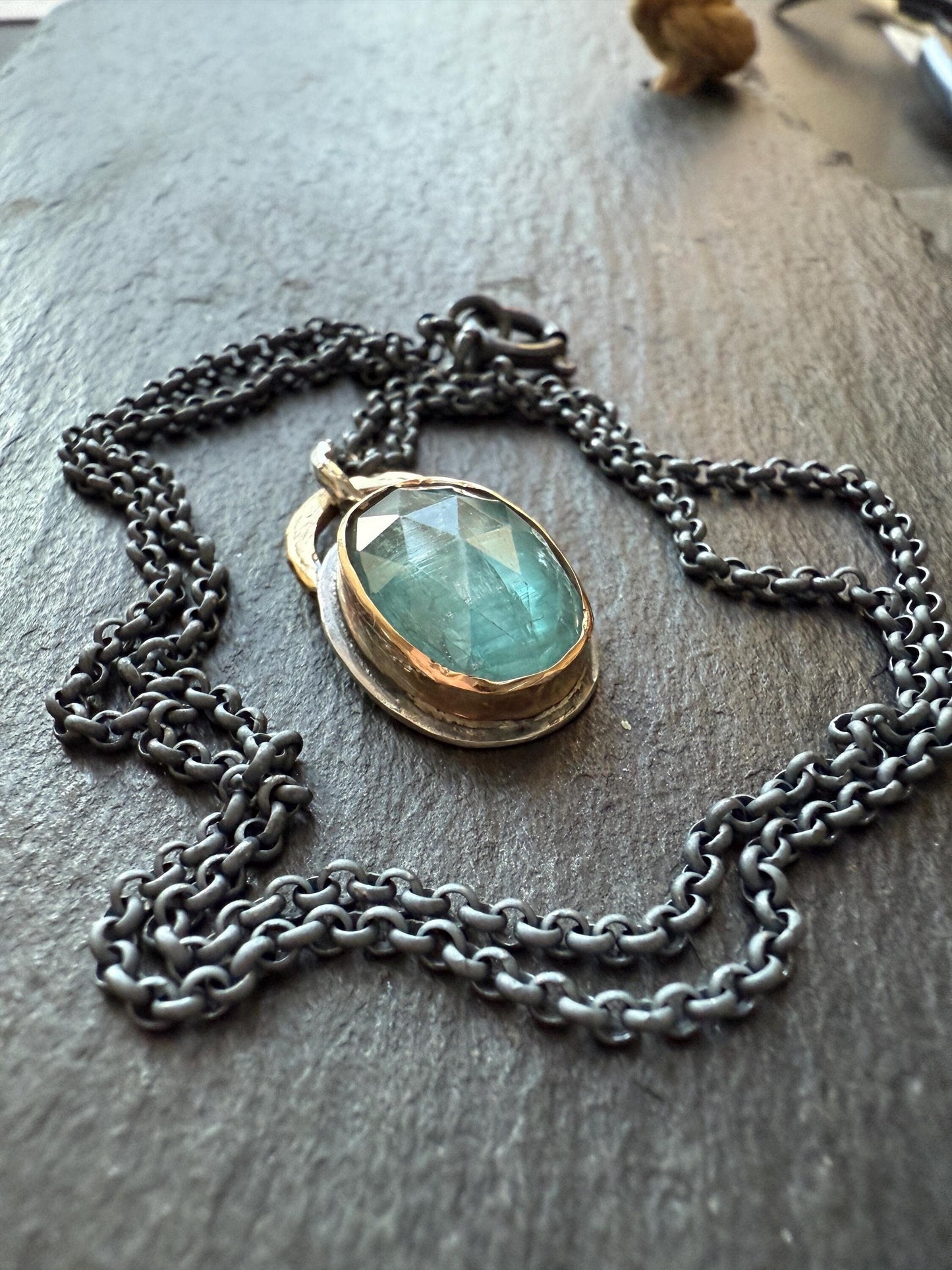 Aqua kyanite necklace, green gemstone bezel set jewellery, sterling silver mixed metal necklace