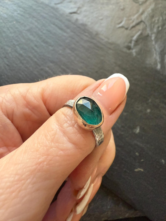 Emerald kyanite ring, M 1/2 US 6 1/2 faceted green gemstone gold and silver Jewellery, gift for her