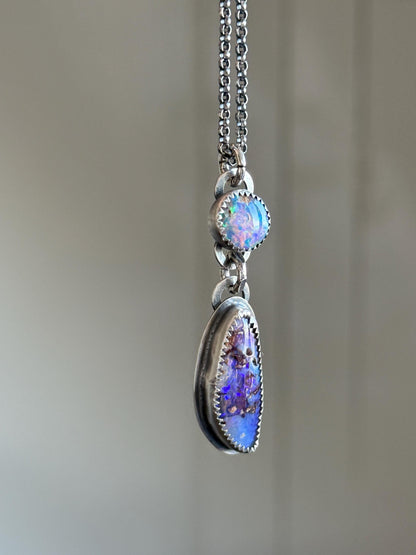 Double boulder opal necklace, purple and cornflour blue colourful opal stone necklace