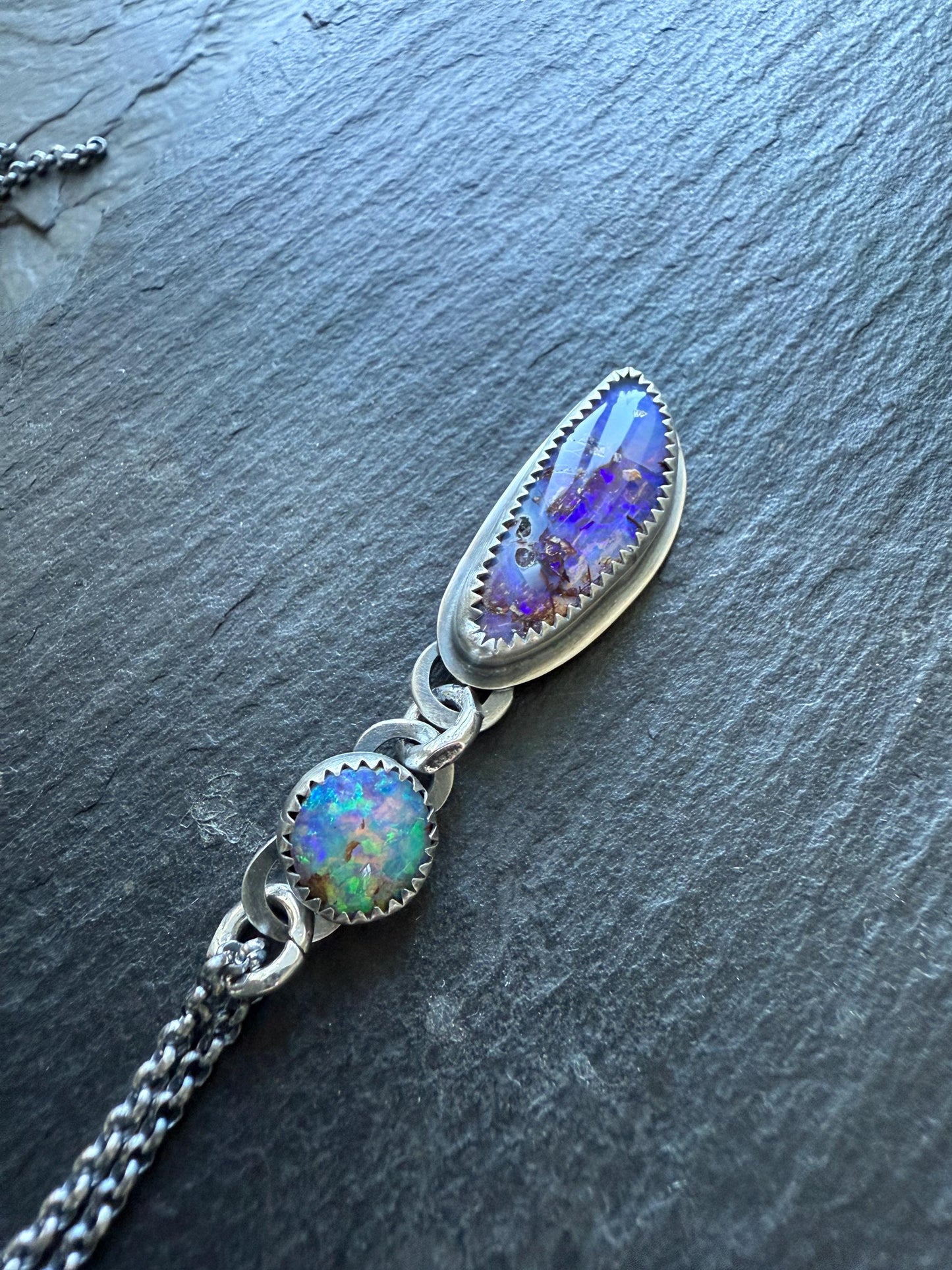 Double boulder opal necklace, purple and cornflour blue colourful opal stone necklace