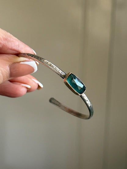 Emerald kyanite cuff bangle, faceted green gemstone gold and silver Jewellery, gift for her