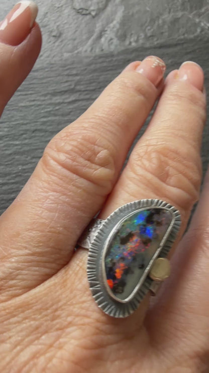 Colourful Boulder Opal Ring with Mixed Metals
